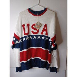 Vtg Old Glory USA Spellout Mens Size Large Sweater Red White Blue Stars